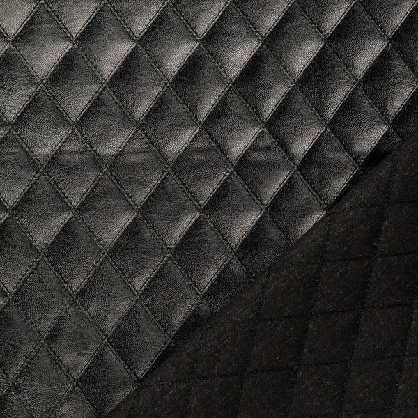 Enzo Faux Leather Stitched Embossed Coating Jacketing Fabric - Black Diamond