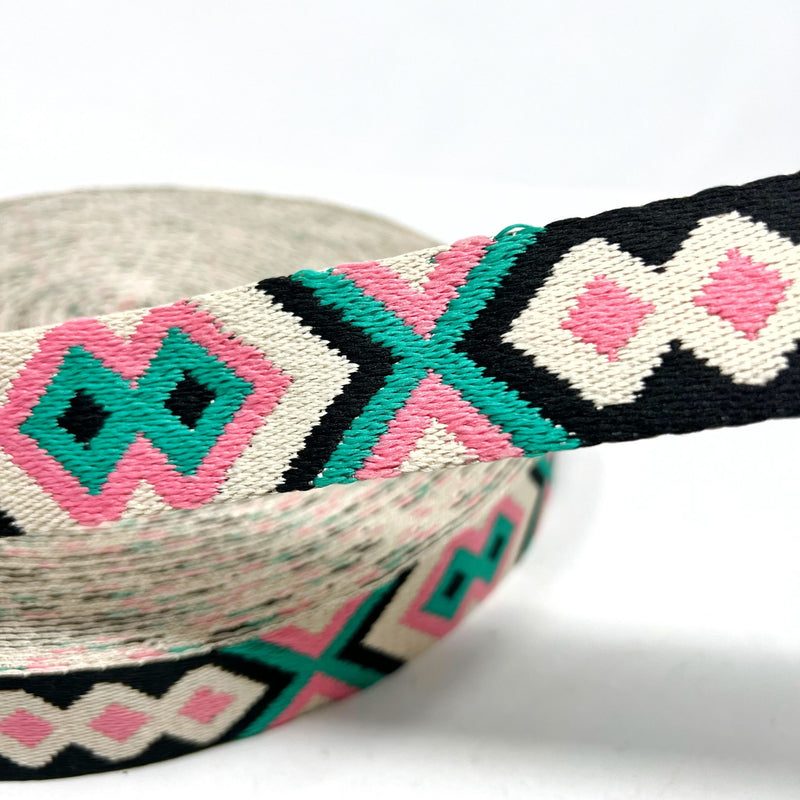 38mm Tribal Bag Making Webbing Strong Strap Material - Stone/Pink/Jade/Black
