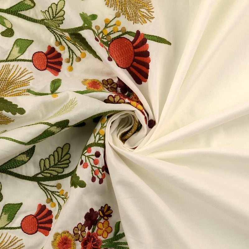 Border Meadow Flower Embroidery Cotton Dressmaking Fabric - Cream