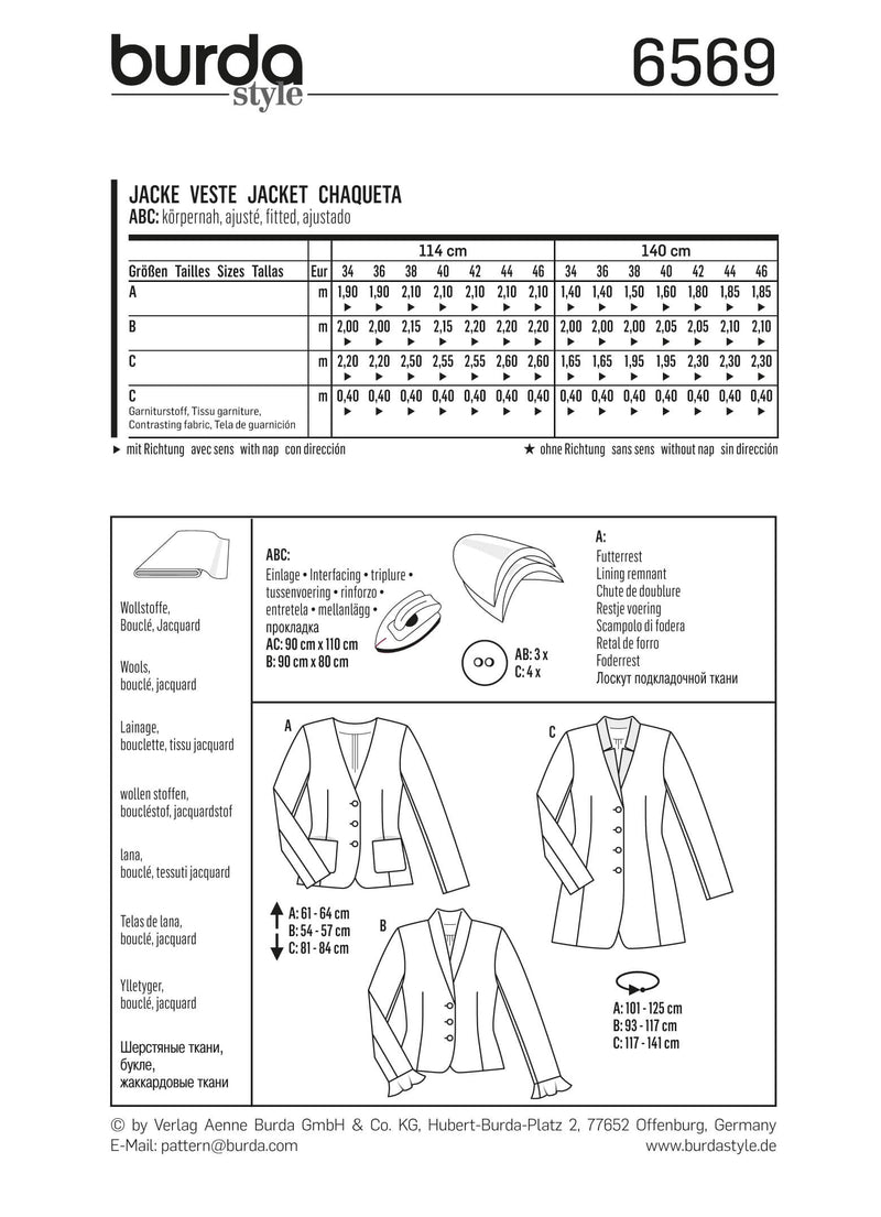 Burda Style Miss Jacket Sewing Pattern for Stylish Creations B6569