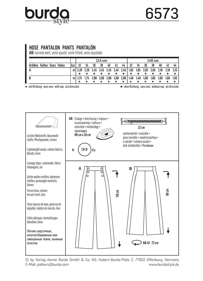 Burda Style Miss Pants Trousers Sewing Pattern for Stylish Creations B6573