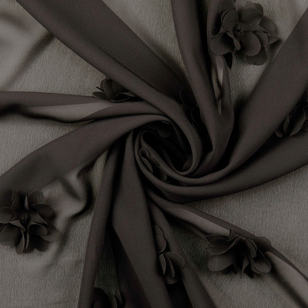 Chiffon Flower Applique Sheer Designer Dressmaking Fabric - Black