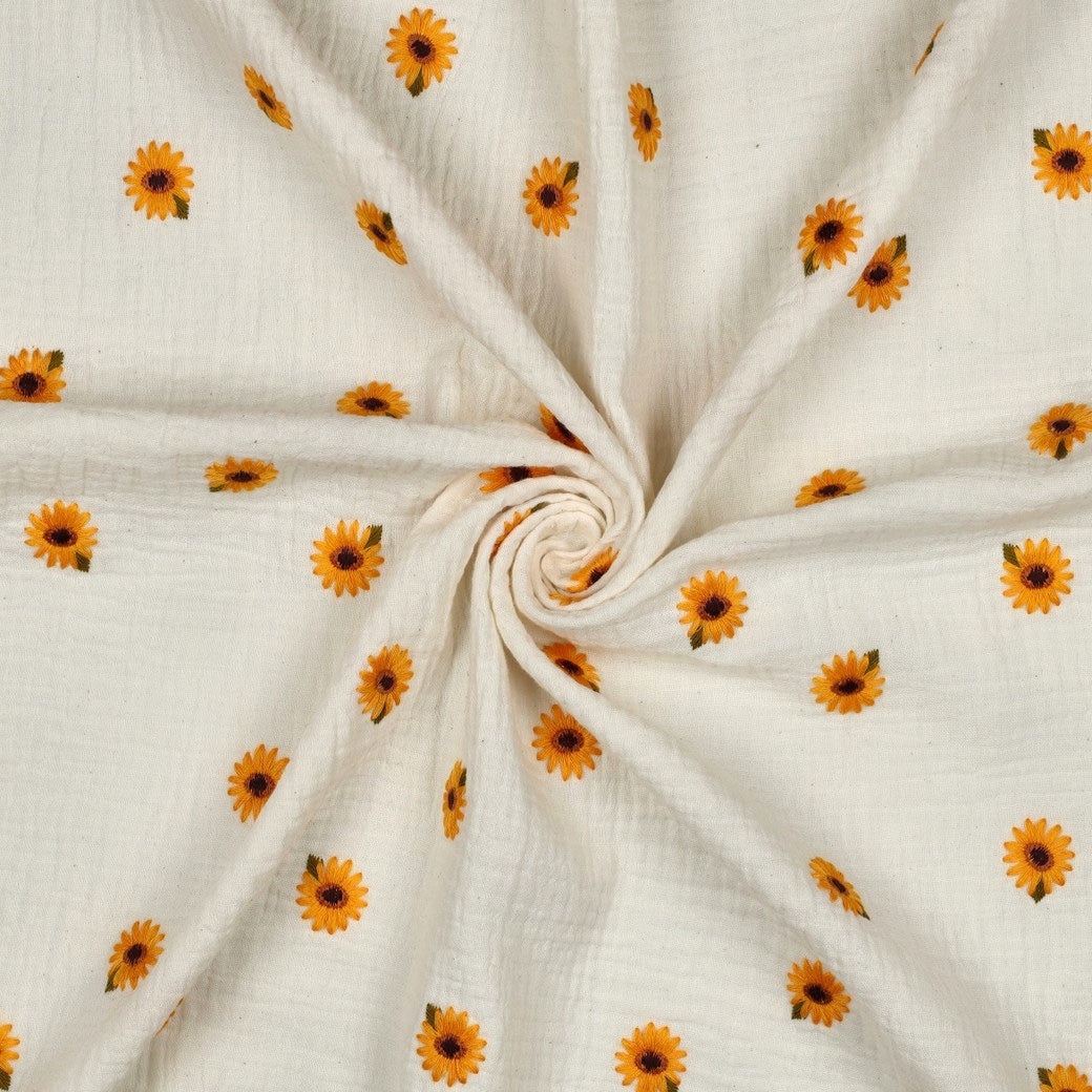 Adelle Embroidery 100% Cotton Double Gauze Muslin Fabric - Natural Sunflowers