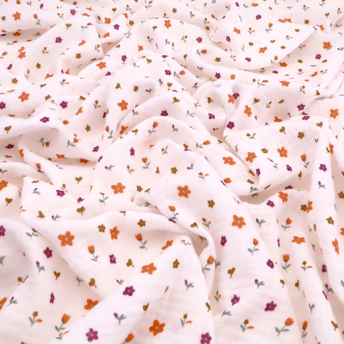 Adelle Printed 100% Cotton Double Gauze Muslin Dressmaking Fabric - Orange Petite Flowers
