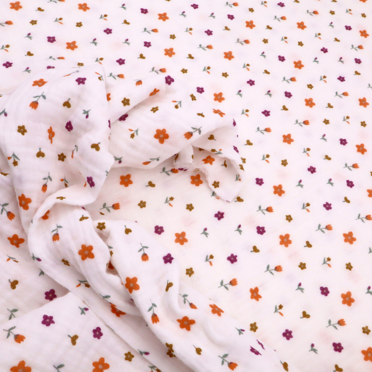 Adelle Printed 100% Cotton Double Gauze Muslin Dressmaking Fabric - Orange Petite Flowers