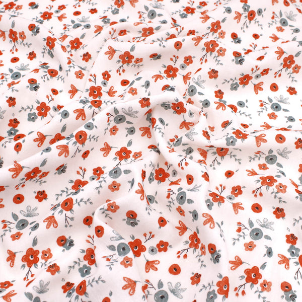 Adelle Printed 100% Cotton Double Gauze Muslin Fabric - Petite Grey/Red Flowers