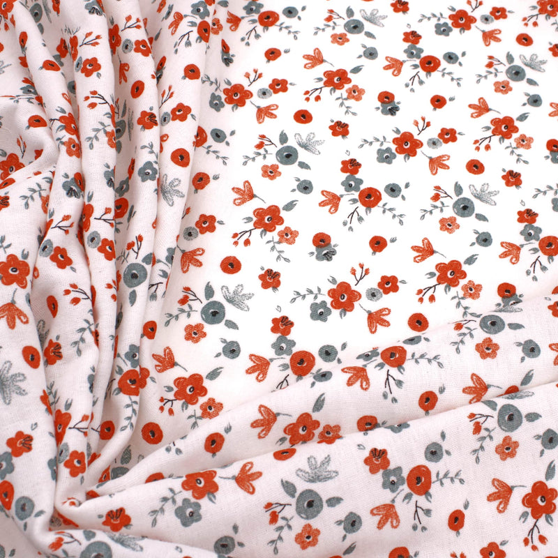 Adelle Printed 100% Cotton Double Gauze Muslin Fabric - Petite Grey/Red Flowers