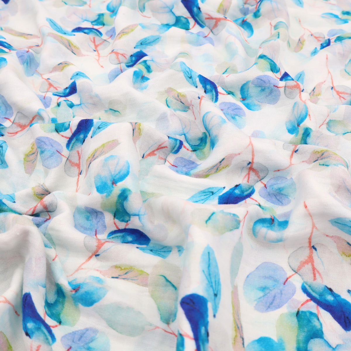 Adelle Printed 100% Cotton Double Gauze Muslin Dressmaking Fabric - Turquoise Leaves
