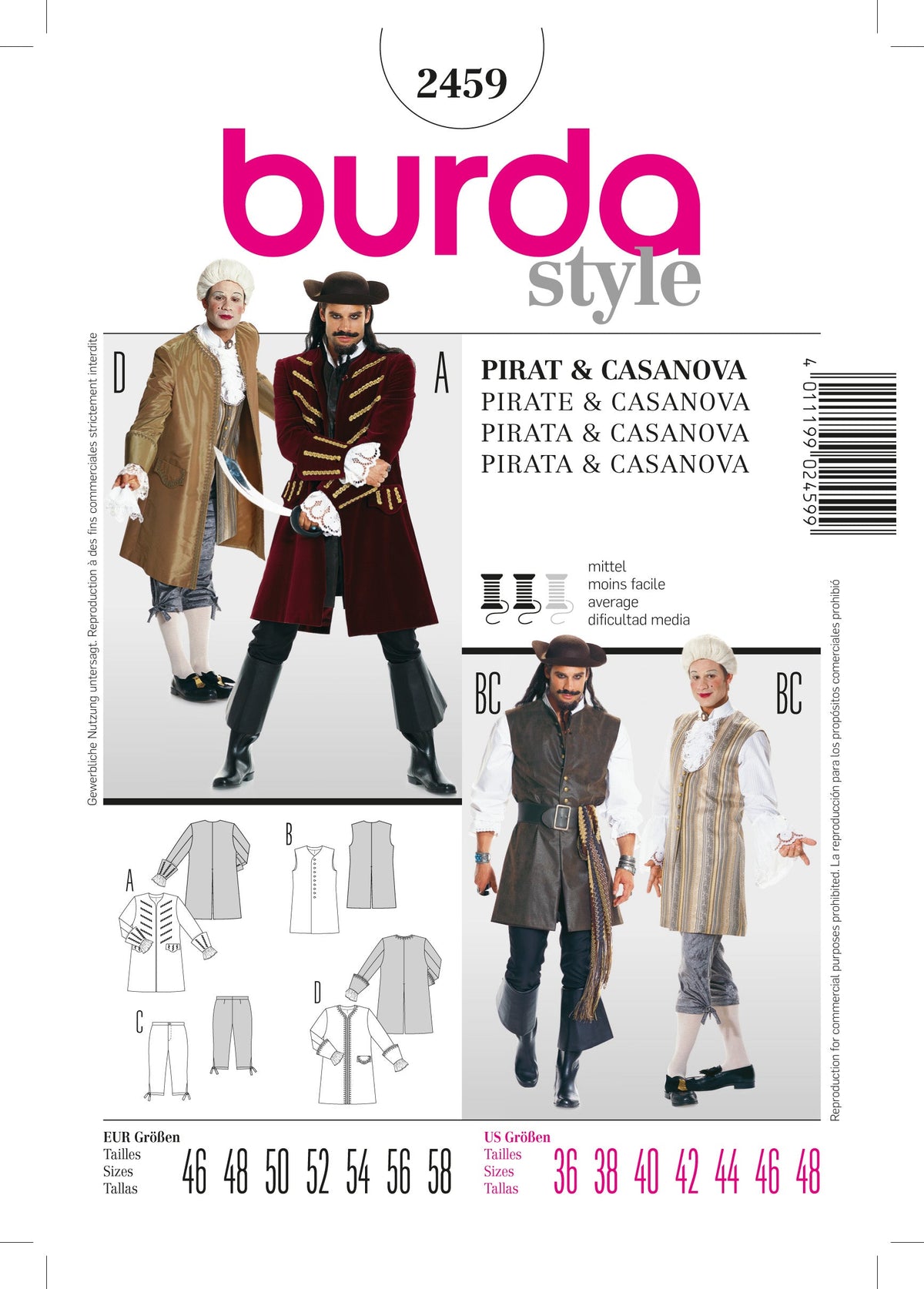 Burda Style Pirate & Casanova Costume Sewing Pattern B2459