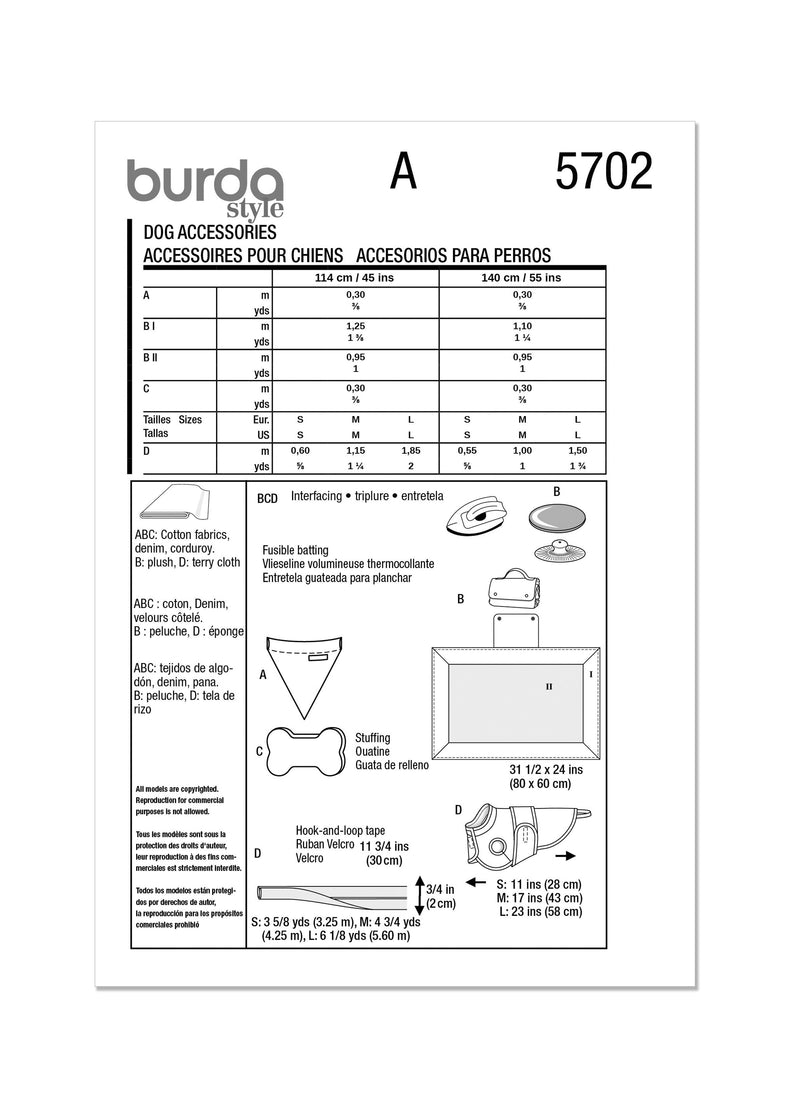 Burda Style Pet Accessories Sewing Pattern Guide B5702