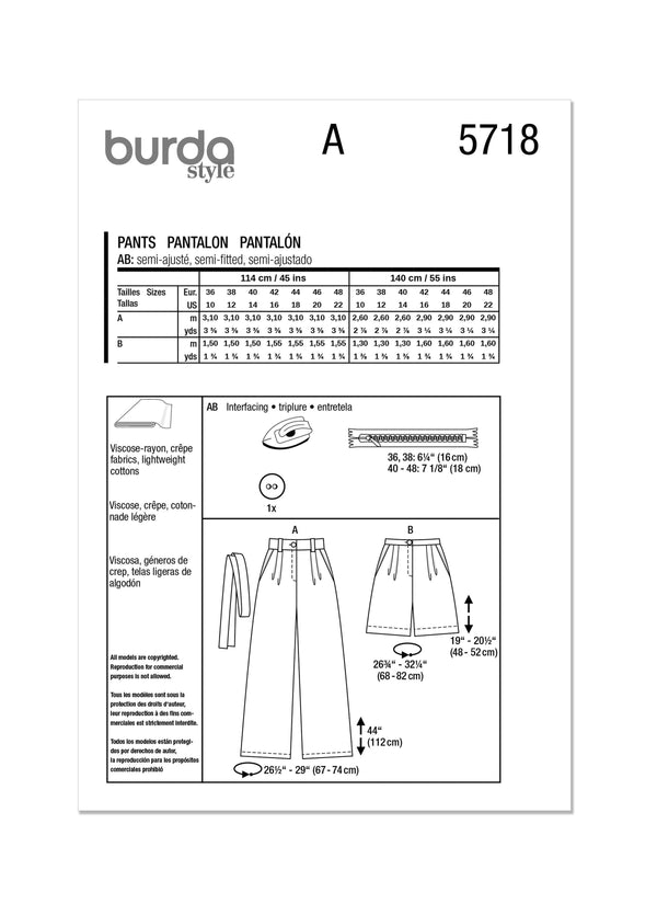 Burda Style Misses' Trousers Sewing Pattern B5718