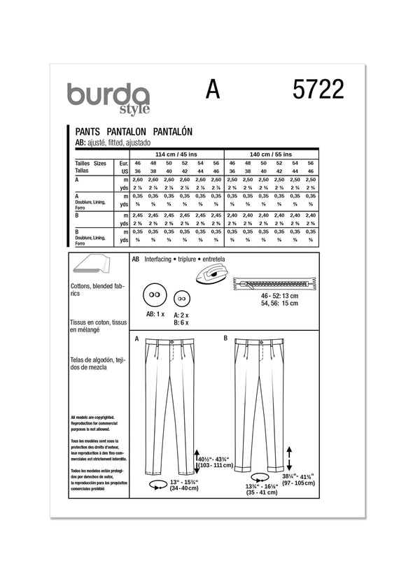 Burda Style Men's Trousers Sewing Pattern for Fashion Enthusiasts B5722