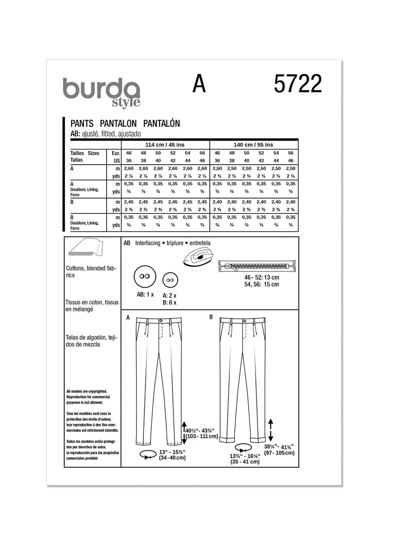 Burda Style Men's Trousers Sewing Pattern for Fashion Enthusiasts B5722