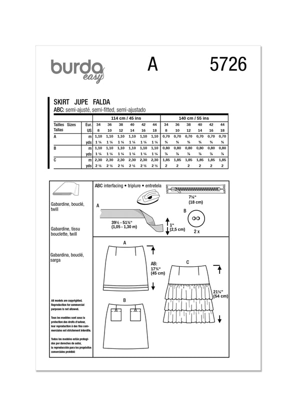 Burda Style Misses' Skirt Sewing Pattern for Fashionistas B5726