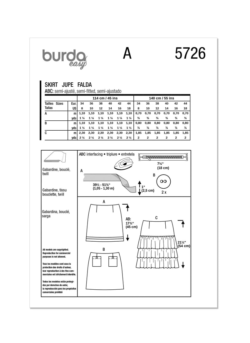 Burda Style Misses' Skirt Sewing Pattern for Fashionistas B5726