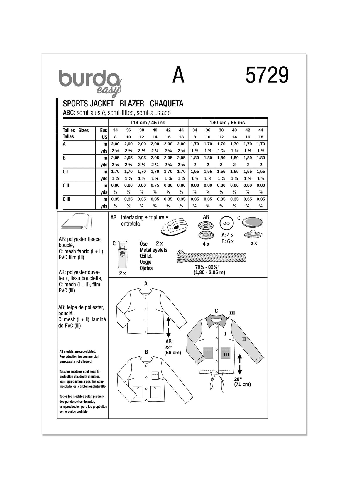 Burda Style Misses' Blazer & Jacket Sewing Pattern B5729
