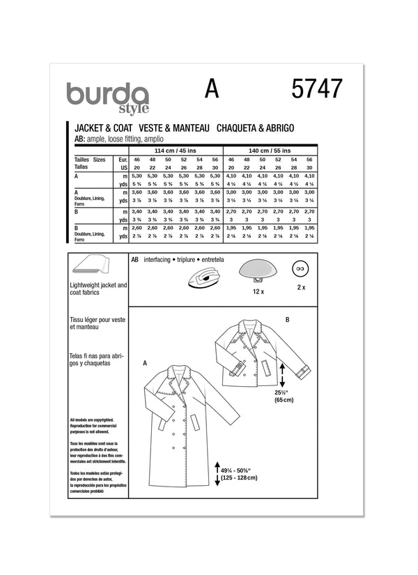 Burda Style Misses' Jacket & Coat Sewing Pattern B5747