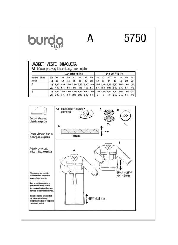Burda Style Misses' Jacket Sewing Pattern for Fashionistas B5750