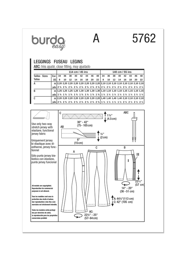 Burda Style Misses' Leggings Sewing Pattern for Fashionistas B5762