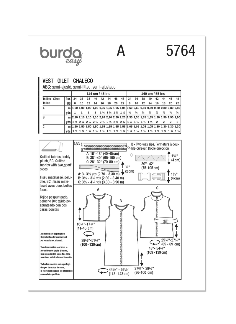 Burda Style Misses' Waistcoats and Vest Sewing Pattern B5764
