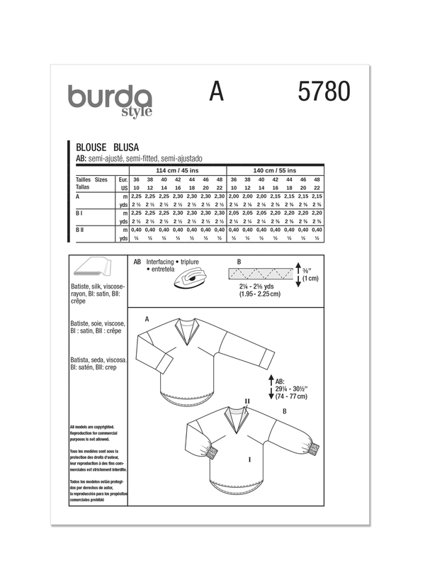 Burda Style Misses' Blouse Sewing Pattern for Fashionistas B5780