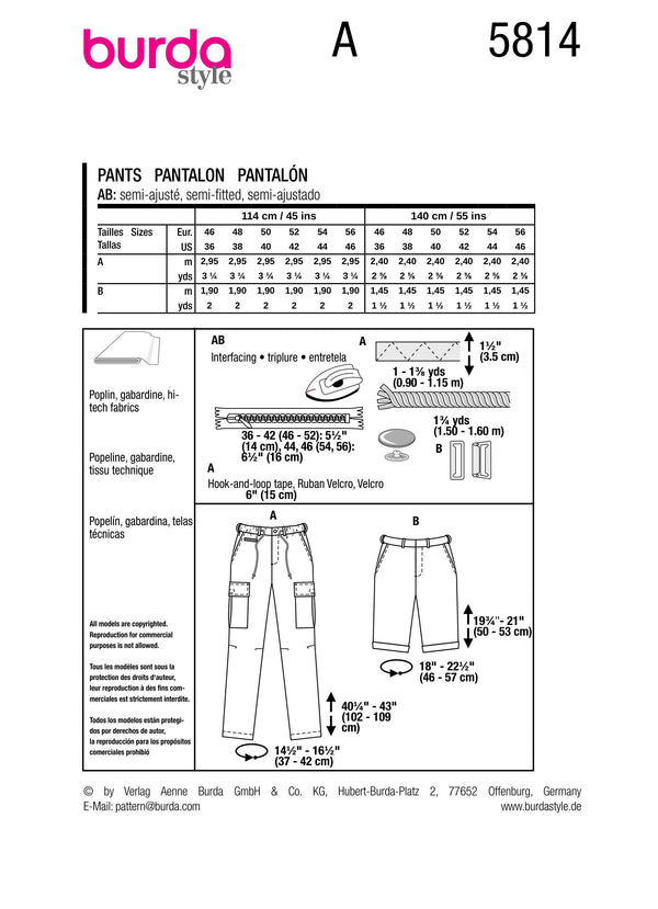 Burda Style Men's Pants Sewing Pattern for Tailored Fit B5814