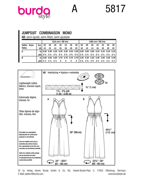 Burda Style Misses' Overall Sewing Pattern for Fashionistas B5817