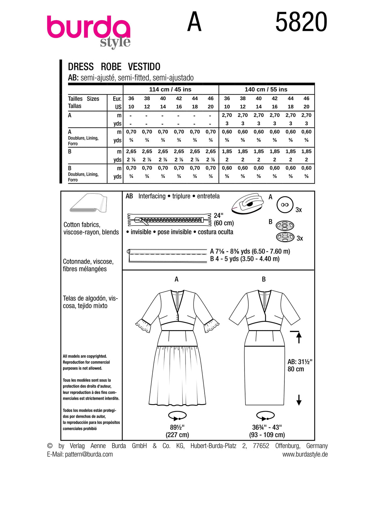 Burda Style Misses' Dress Sewing Pattern for Fashionistas B5820