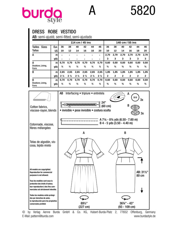 Burda Style Misses' Dress Sewing Pattern for Fashionistas B5820