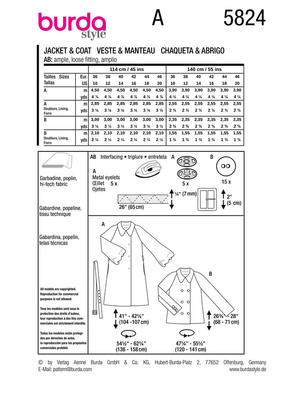 Burda Style Misses' Jacket & Coat Sewing Pattern B5824
