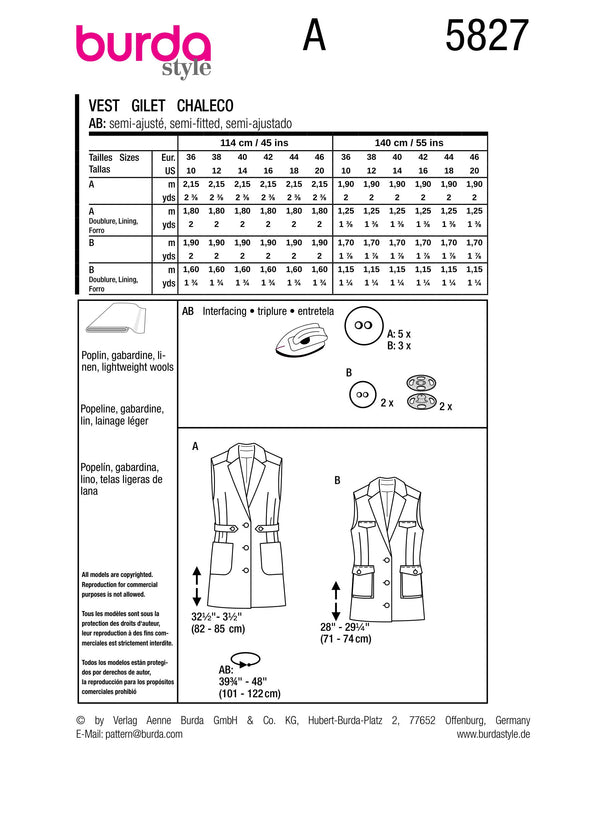 Burda Style Misses' Vest Sewing Pattern for Fashionistas B5827