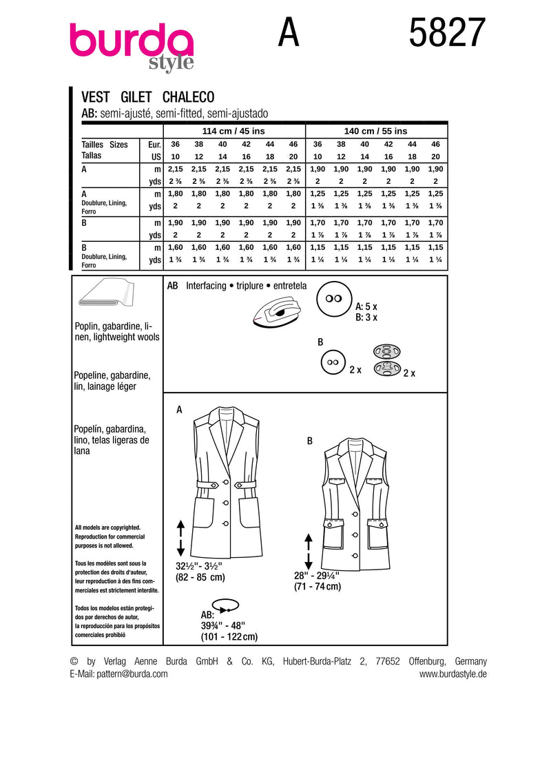 Burda Style Misses' Vest Sewing Pattern for Fashionistas B5827