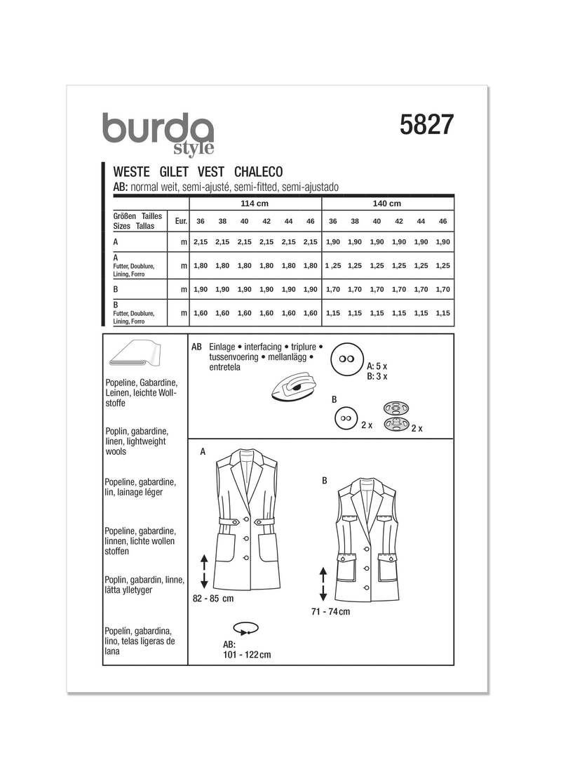 Burda Style Misses' Vest Sewing Pattern for Fashionistas B5827