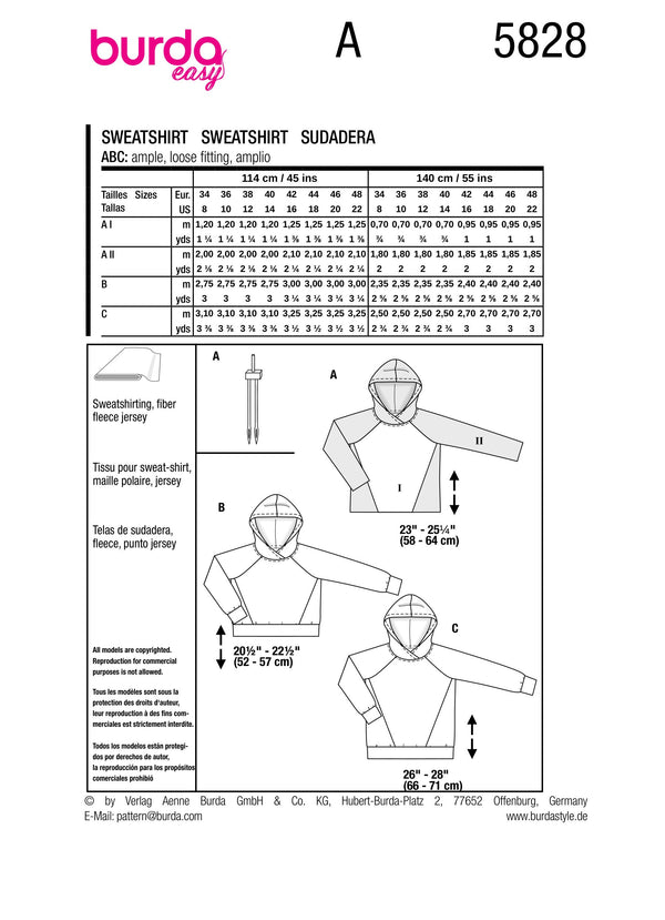 Burda Style Misses' Sweater Sewing Pattern Guide B5828
