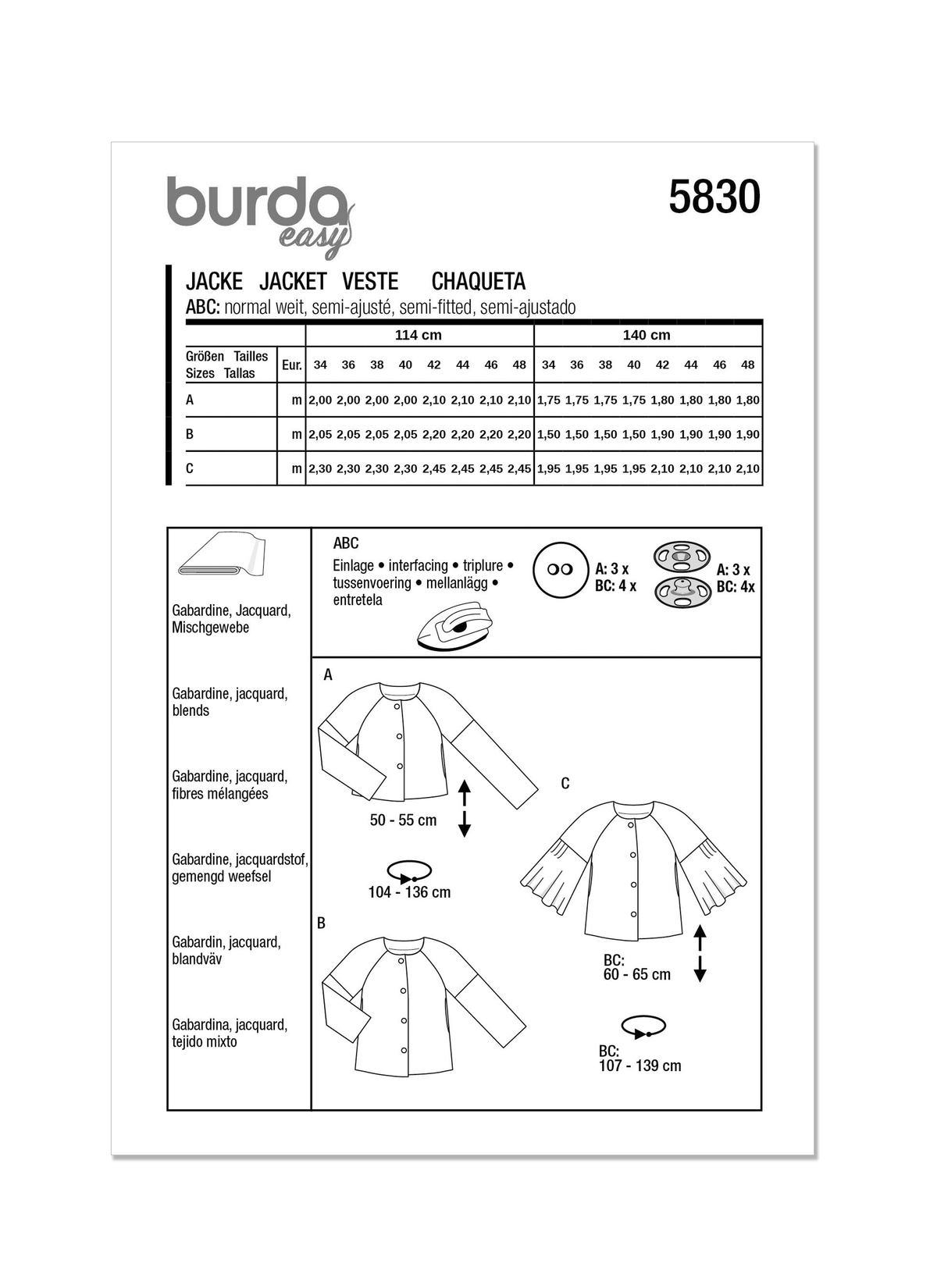 Burda Style Misses' Jacket Sewing Pattern for Fashionistas B5830