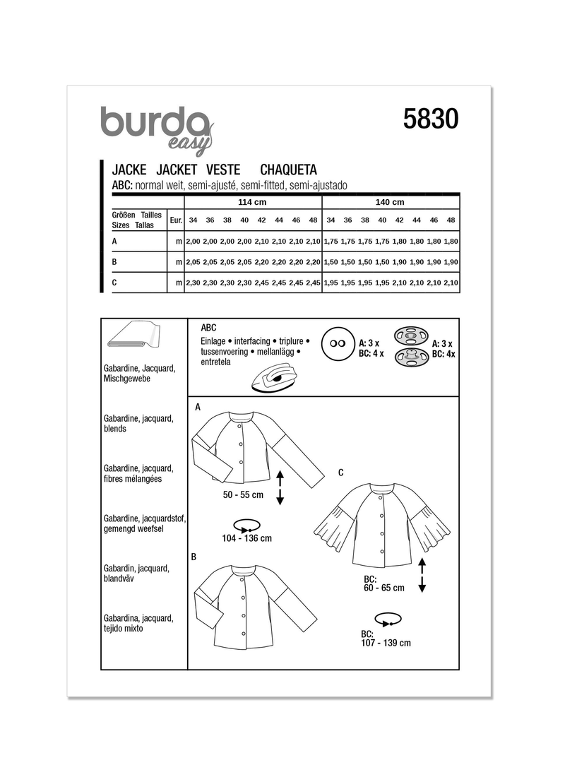 Burda Style Misses' Jacket Sewing Pattern for Fashionistas B5830