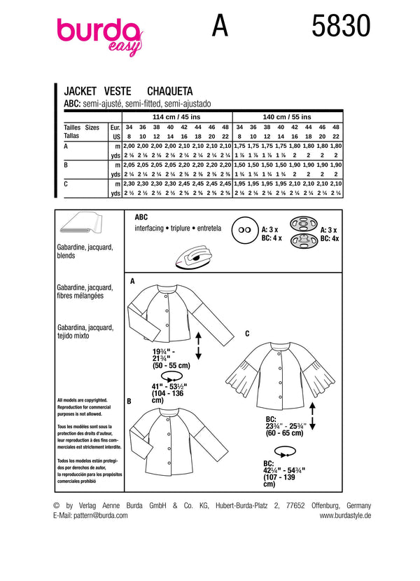 Burda Style Misses' Jacket Sewing Pattern for Fashionistas B5830