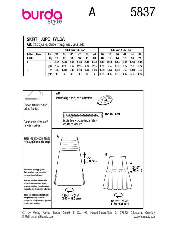Burda Style Misses' Skirt Sewing Pattern for Fashionistas B5837