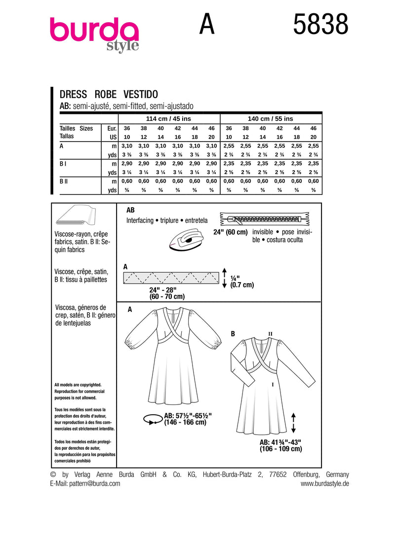 Burda Style Misses' Dress Sewing Pattern for Fashionistas B5838 Lullabee Fabrics Burda Style Misses' Dress Sewing Pattern for Fashionistas B5838 Lullabee Fabrics