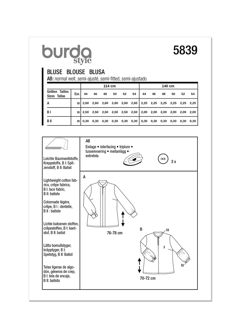 Burda Style Misses' Blouse Sewing Pattern for Fashionistas B5839