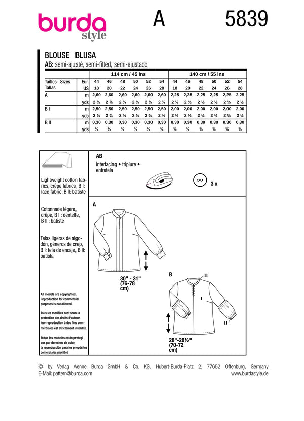 Burda Style Misses' Blouse Sewing Pattern for Fashionistas B5839