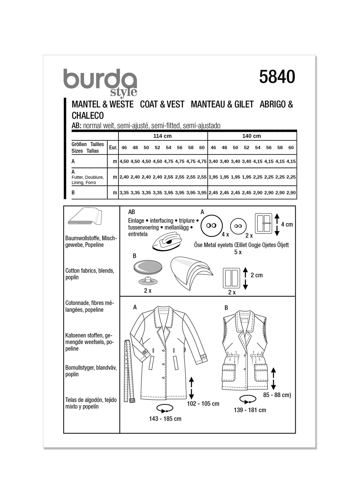 Burda Style Misses' Coat & Vest Sewing Pattern B5840