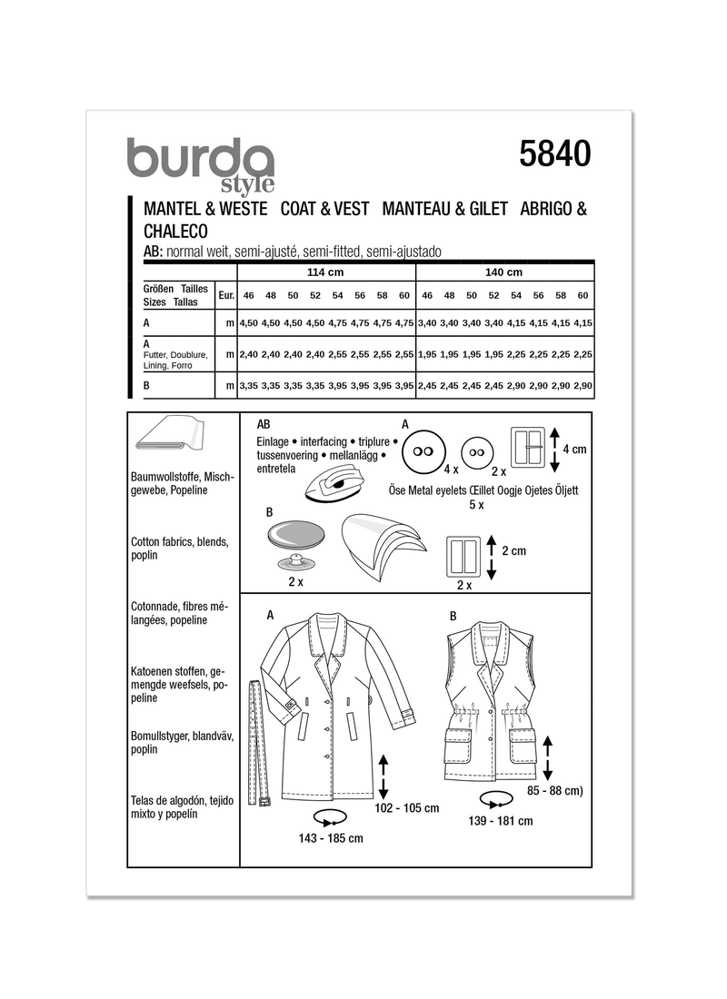 Burda Style Misses' Coat & Vest Sewing Pattern B5840