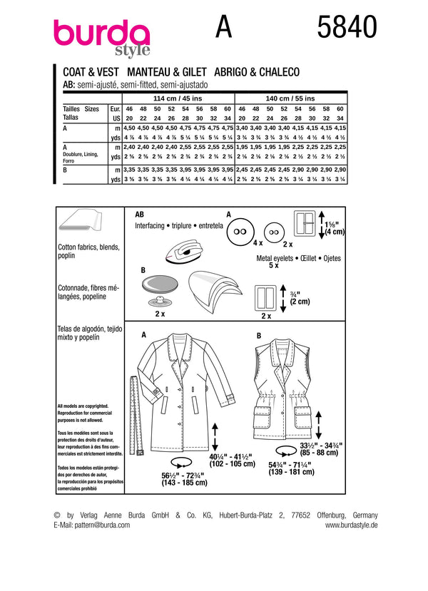 Burda Style Misses' Coat & Vest Sewing Pattern B5840