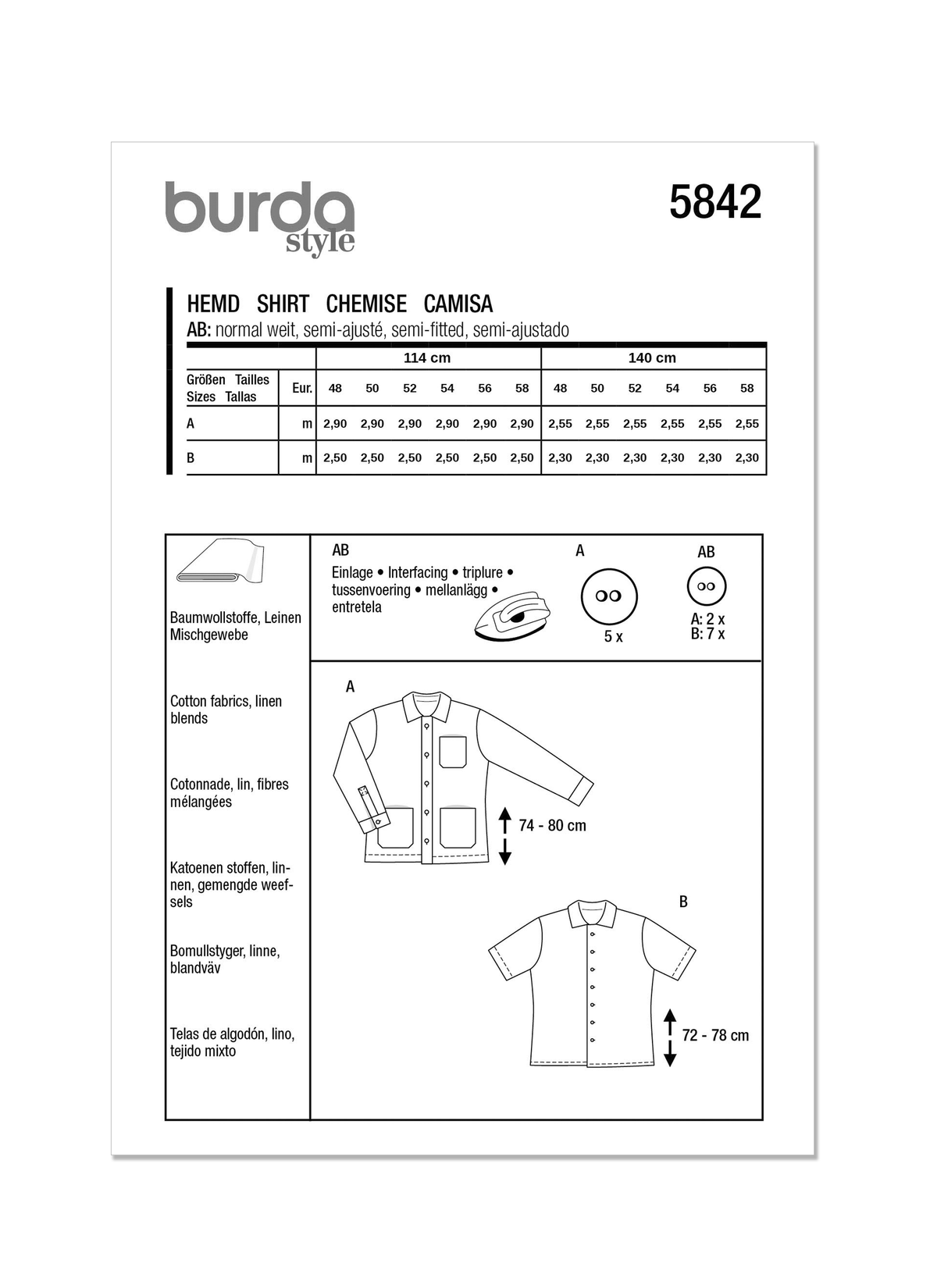 Burda Style Men's Shirt Sewing Pattern for Stylish Tailoring B5842