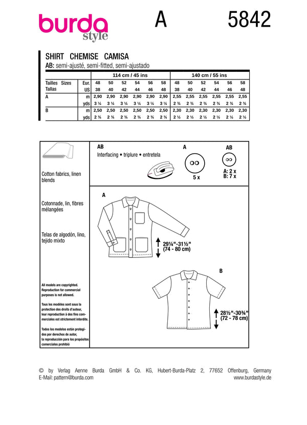 Burda Style Men's Shirt Sewing Pattern for Stylish Tailoring B5842