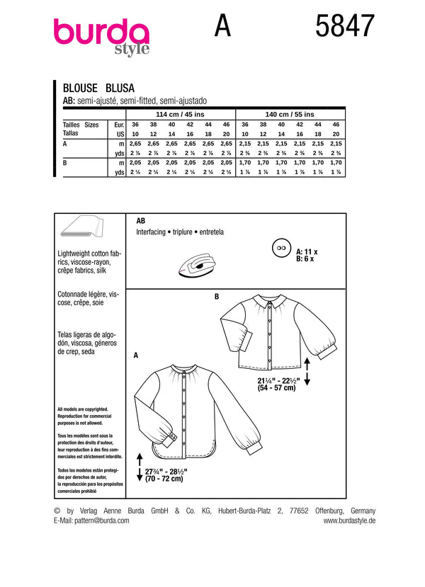 Burda Style Misses' Blouse Sewing Pattern for Fashionistas B5847