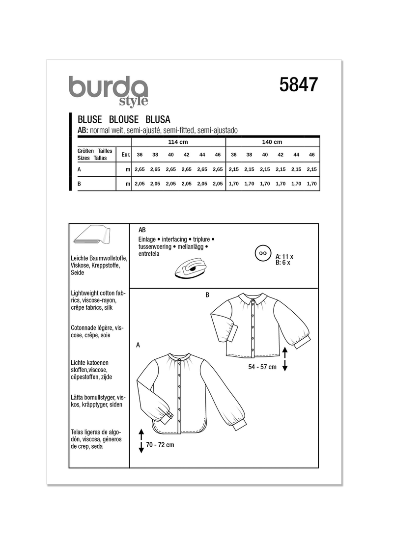 Burda Style Misses' Blouse Sewing Pattern for Fashionistas B5847