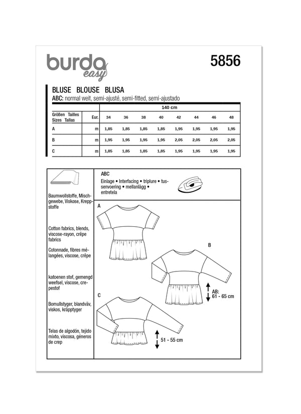 Burda Style Misses' Blouse Sewing Pattern for Fashionistas B5856