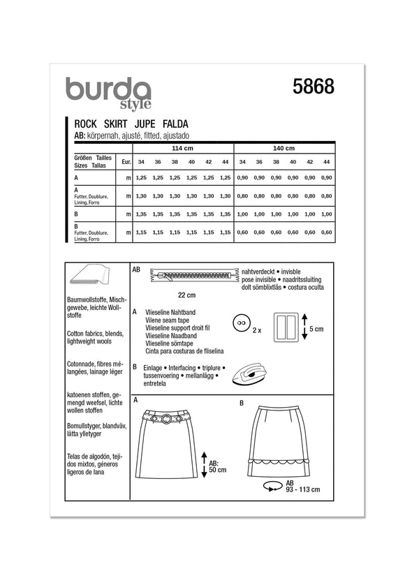 Burda Style Misses' Skirt Sewing Pattern for Fashionistas B5868